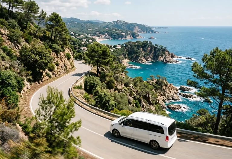 Private minivan driving a winding Costa Brava cliff road from Barcelona to Tossa de Mar