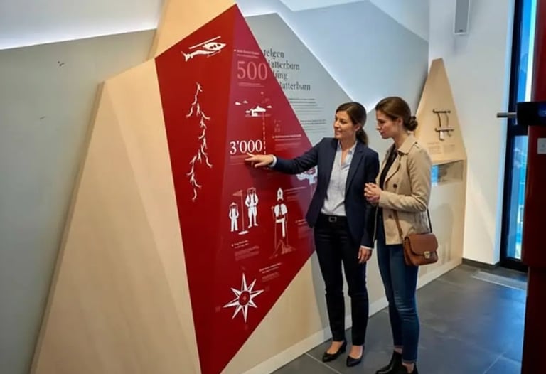 Tourists visiting the interactive exhibition at the Gornergrat summit, pointing at the 3000m altitud