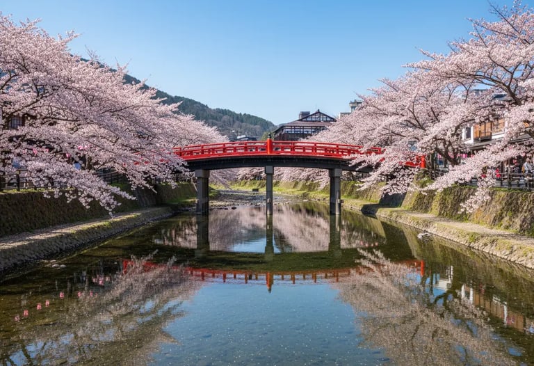 Shirakawa-go village with blooming cherry blossoms and rice paddies.