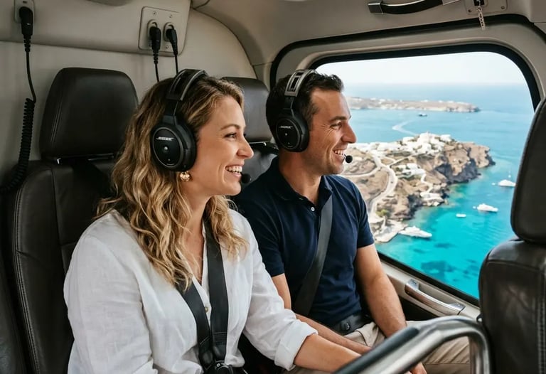 Couple wearing headsets inside private helicopter cabin flying over Greek islands