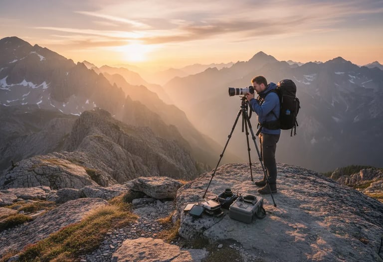 Hiker photographing mountain sunrise, Japan travel photography