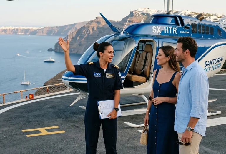 Professional pilot briefing passengers beside Bell 206 on Santorini helipad
