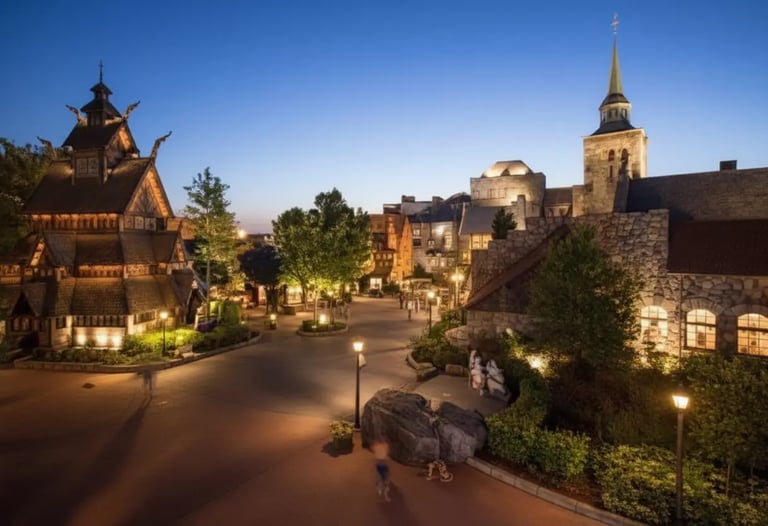 Twilight view of the Norway Pavilion in Epcot's World Showcase. A charming and romantic atmosphere f