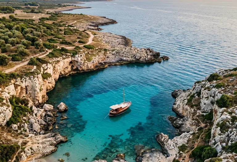 Aerial view of a wooden boat anchored in a secluded cove near Egnatia on the Adriatic coast