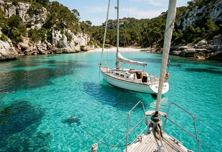 Private sailboat anchored in crystal clear turquoise cove Menorca south coast