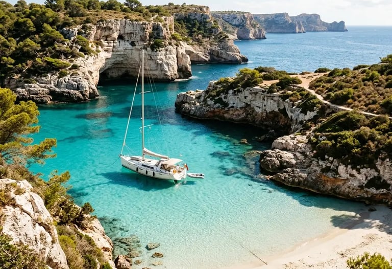 Private sailboat anchored in empty hidden cove along Menorca south coastline
