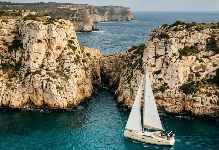 Private sailing yacht entering dramatic hidden cove on Menorca south coast