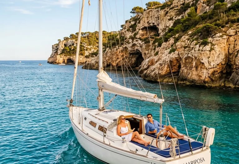 Couple relaxing on private sailing yacht near limestone cliffs in Cala Galdana Menorca