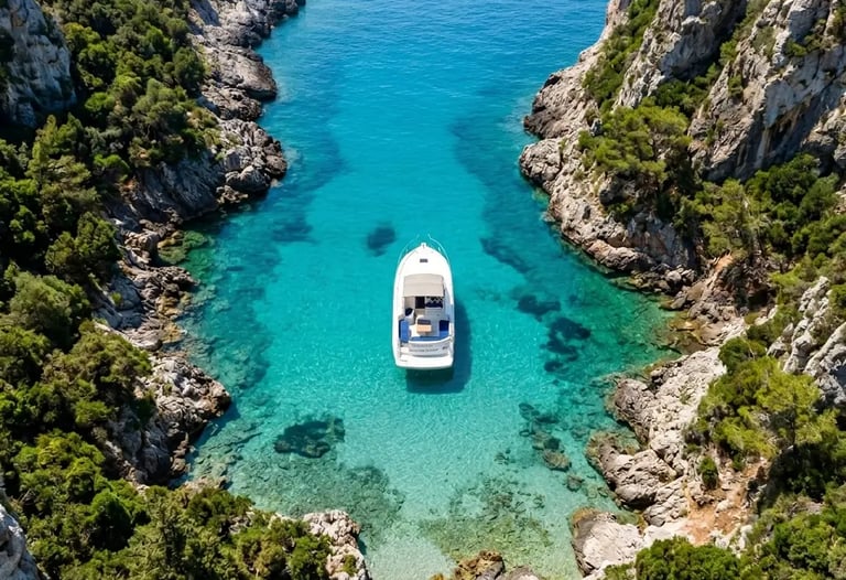 All-inclusive luxury speedboat anchored in a secluded turquoise Elaphiti cove