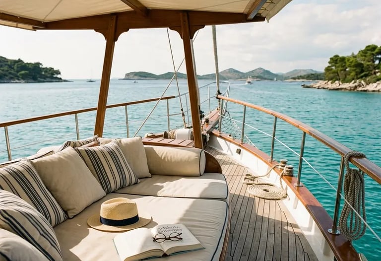 Shaded lounger with soft cushions and sun hat on teak deck of classic Adriatic boat