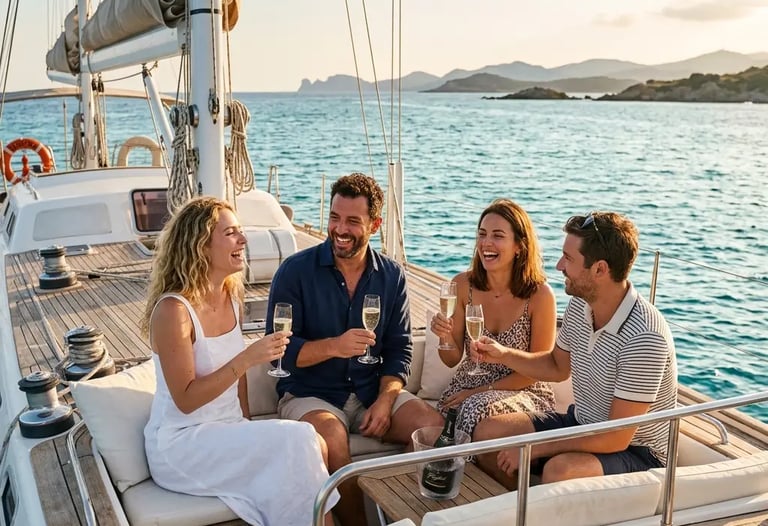 Small group of friends enjoying cava on a Mediterranean sailing yacht