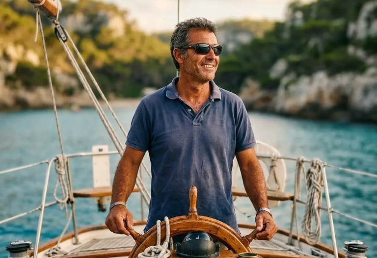 Local skipper Carlos at wooden helm of private sailboat in Menorca