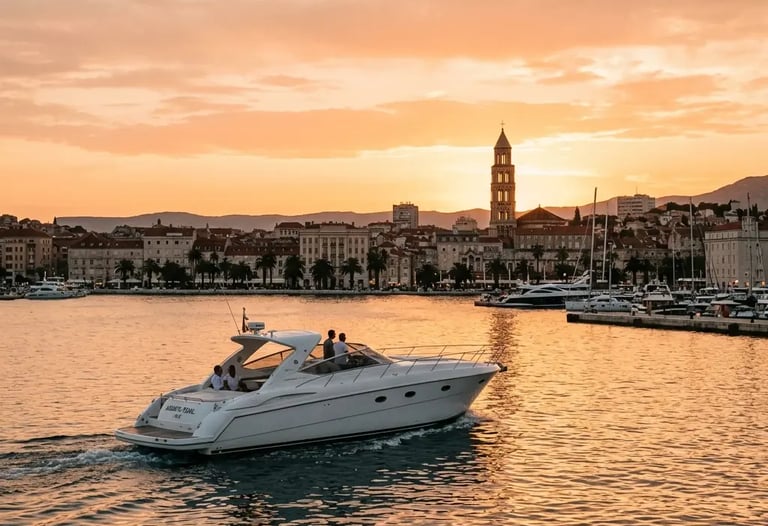 Raptor speedboat returning to Split harbor at sunset with Diocletian Palace view