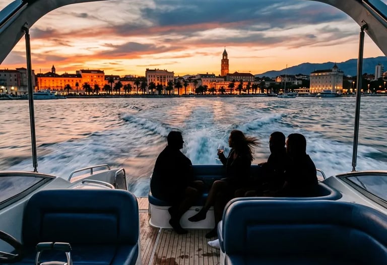 Guests silhouetted on speedboat approaching Split waterfront at golden hour sunset