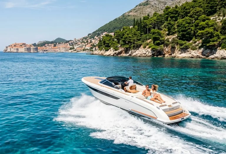 Private speedboat gliding on turquoise water past Dubrovnik Old Town