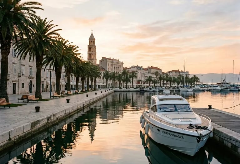 Raptor speedboat docked at Split Riva promenade at sunrise with Diocletian Palace tower