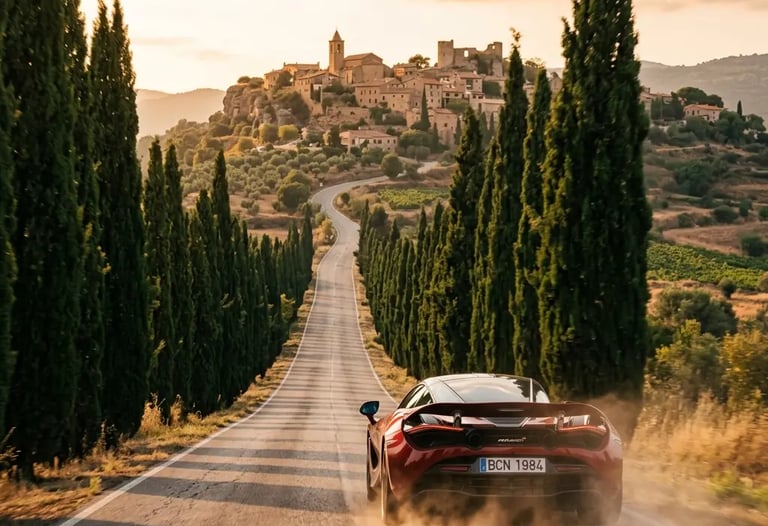 Supercar driving toward a hilltop Catalan village on a cypress-lined countryside road at sunset