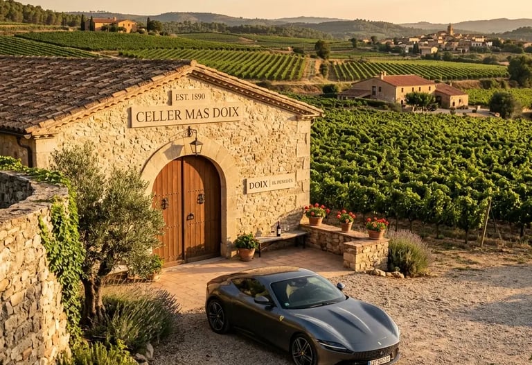Luxury supercar parked at a historic Catalan winery entrance in El Penedès at golden hour