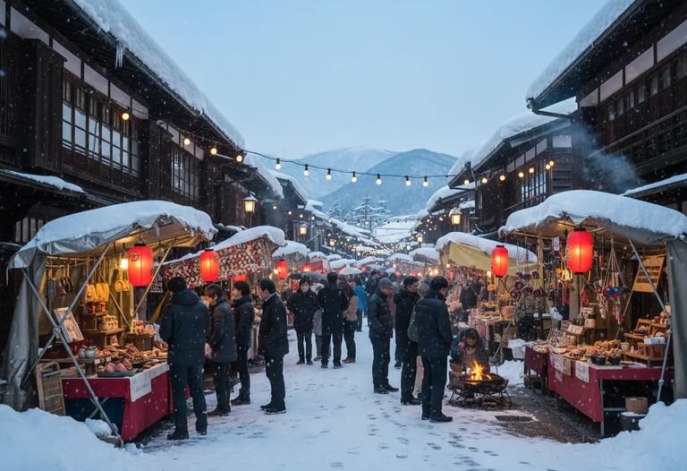 Winter market stalls with red lanterns and crowds in the snow.