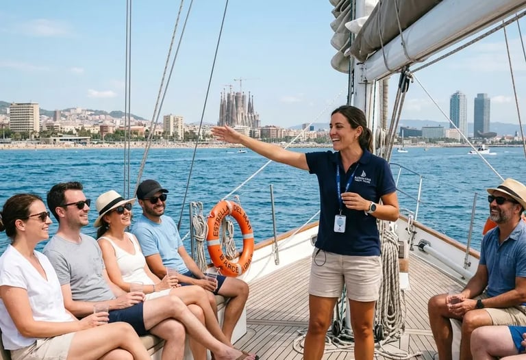 Live tour guide gesturing toward Barcelona coast while speaking to guests on yacht