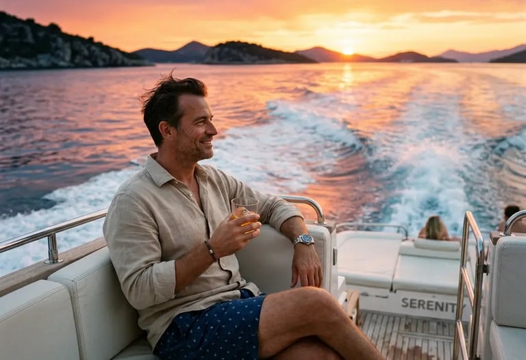 Traveler relaxing on a luxury boat at Adriatic sunset, island hopping from Split