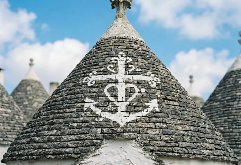 Close-up of Alberobello trullo conical rooftop with white symbolic markings and pinnacle
