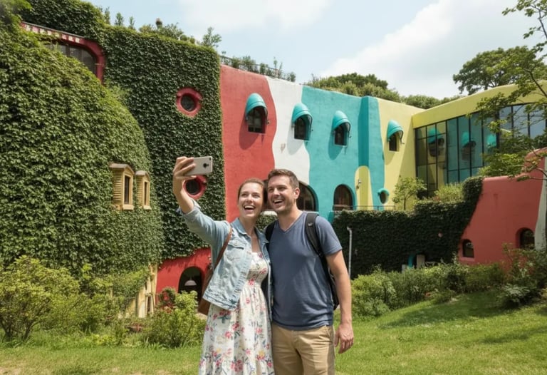 Couple taking a selfie at the colorful Ghibli Museum exterior.