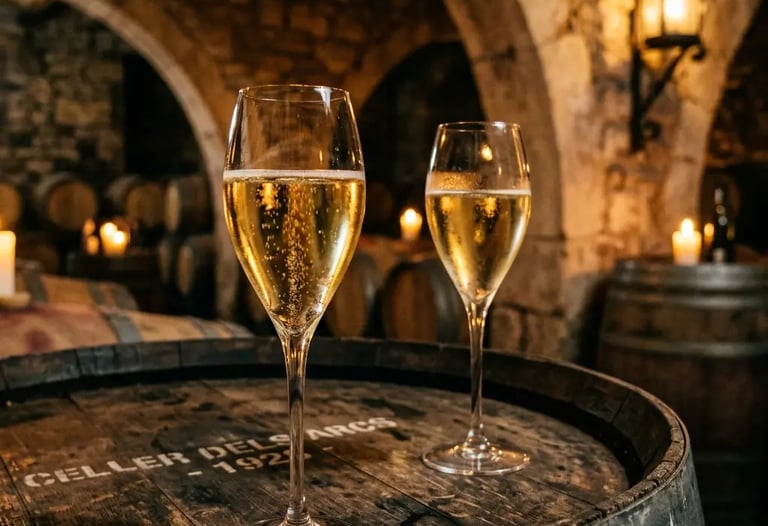 Two glasses of cava sparkling wine on oak barrel in candlelit Catalan wine cellar