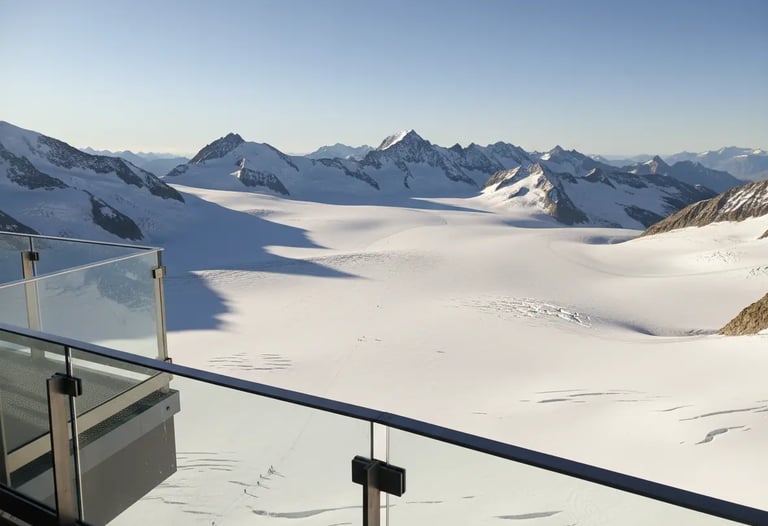 Panoramic view of Vallée Blanche glacier from Aiguille du Midi platform.
