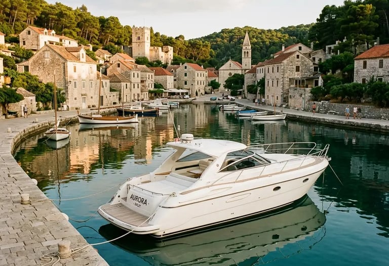White Magnific Raptor speedboat moored in Maslinica stone harbor Šolta Croatia
