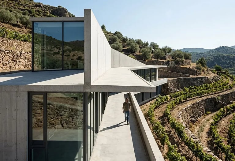 Bodega Perinet concrete winery building with terraced vineyards in Priorat