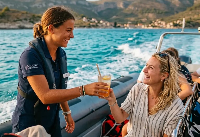 Crew member Mara handing a cold drink to a guest on the Magnific Raptor boat tour