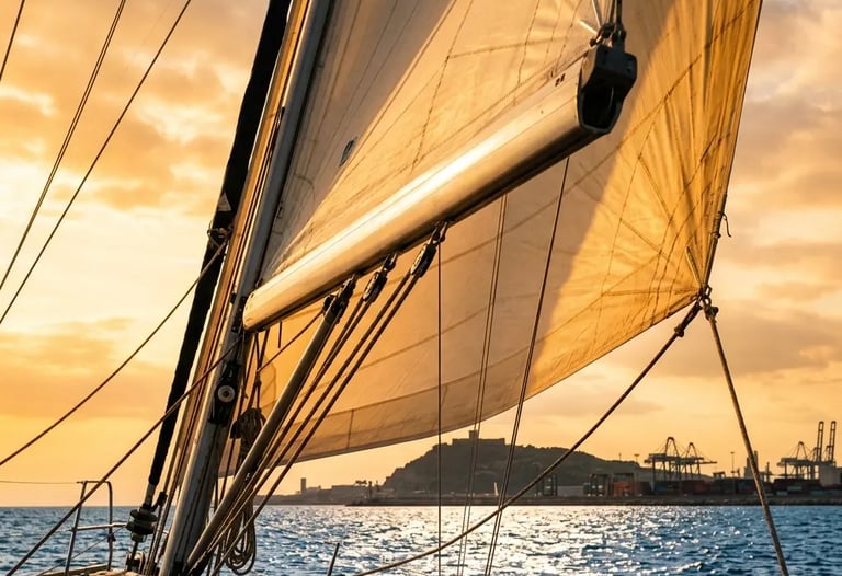 Yacht sail catching golden sunset light on the Mediterranean Sea near Barcelona