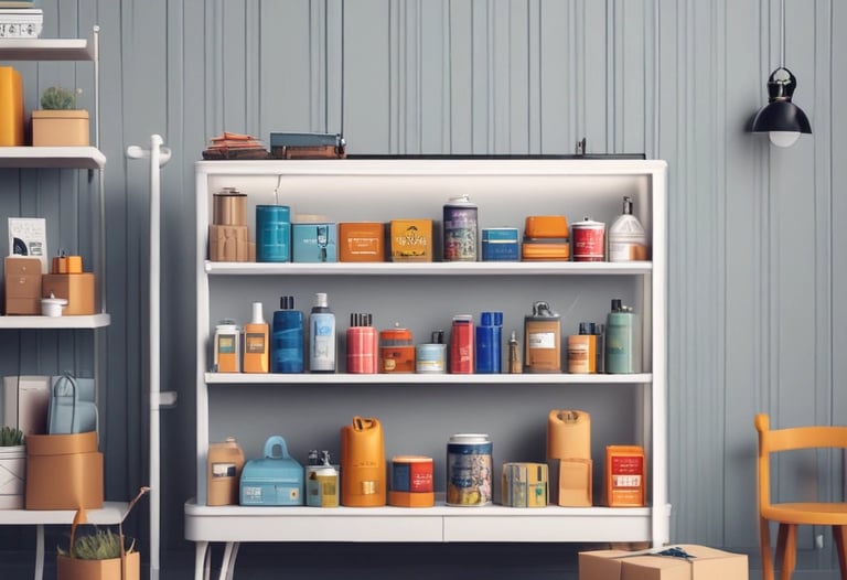 A small makeshift shop with an orange curtain draped over the entrance. Various colorful products, including snacks and household items, hang on display under a canopy that features a pattern resembling the American flag. The shop is situated on a dirt floor with concrete blocks forming part of the exterior walls. Wooden pallets and construction materials are scattered around the area.