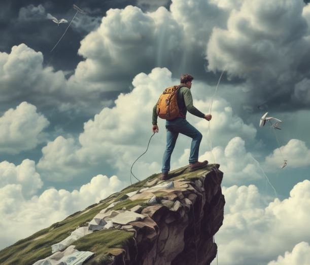 a man standing on a cliff covered with documents during a storm