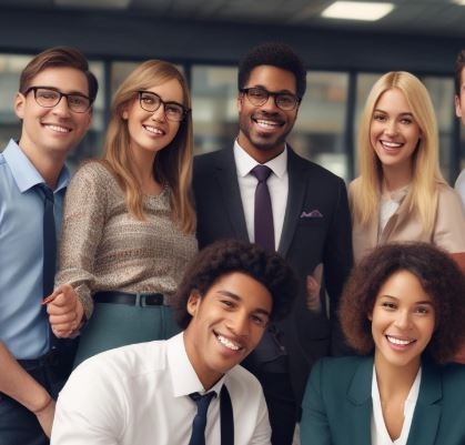 a group of young adults standing in an office setting