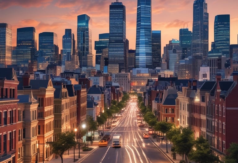 a city street scene with a city skyline in the background