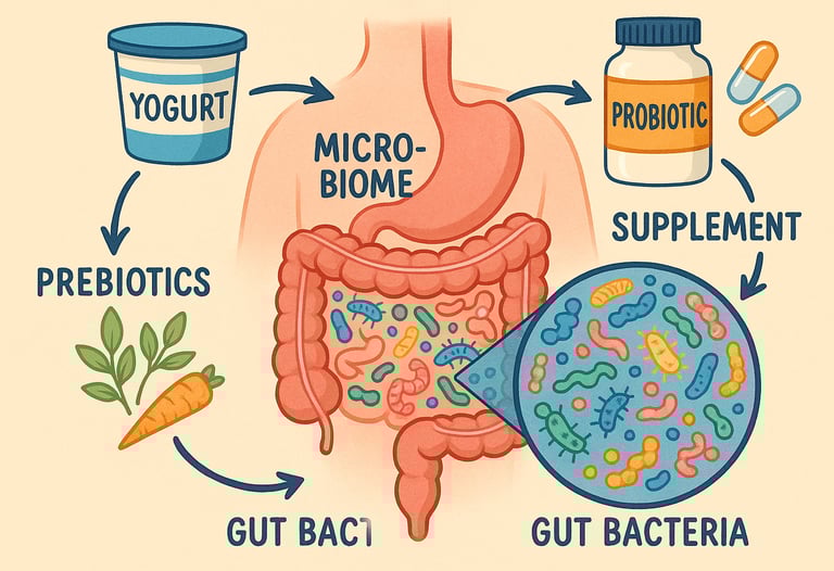 Prebiotics and probiotics illustration showing gut bacteria, yogurt, and supplements