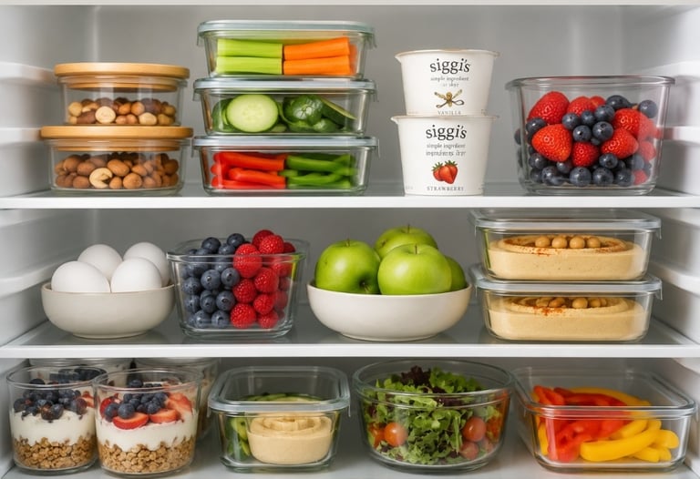 Organized refrigerator shelves with glass meal prep containers, fresh fruit, vegetables, and yogurt.