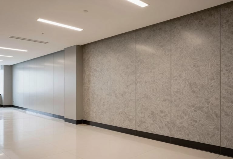 A spacious commercial office area in Gurgaon featuring professional PVC paneling and custom wallpaper. The setting is modern and professional.