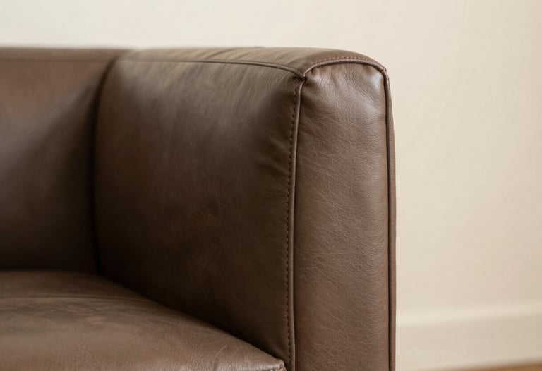 Close-up architectural photography of high-quality leather furnishings in a South Asian / Indian luxury office. The texture of the muted brown leather is detailed, set against an off-white backdrop with soft, warm light.