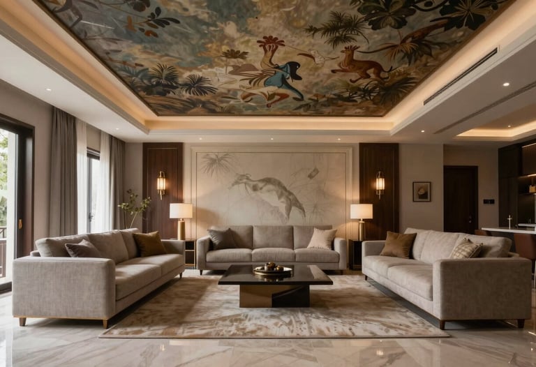 A stunning wide-angle shot of a completed luxury living room in Gurgaon, highlighting the false ceiling, painting, and modular furniture.