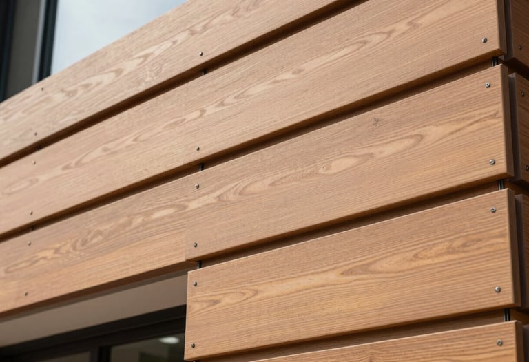 A close-up of high-quality HPL cladding on the exterior of a contemporary building in Gurgaon, showing the clean mounting and wood-like texture.
