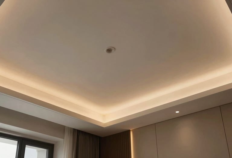 A minimalist false ceiling design with integrated warm LED lighting in a South Asian / Indian master bedroom, emphasizing contemporary elegance.