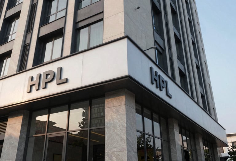 Exterior architectural shot of a modern commercial building in Faridabad featuring professional HPL work and clean structural lines.