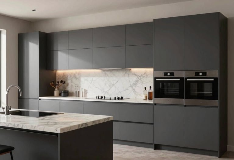 A sleek, contemporary modular kitchen in an Indian luxury home. Minimalist cabinets in dark gray and off-white marble countertops, with high-end appliances.