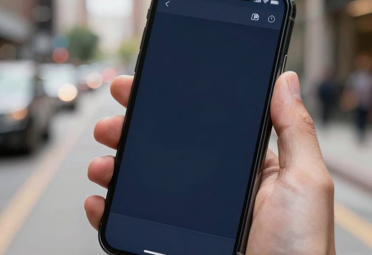 A close-up of a mobile device held by a user in a well-lit North American / US urban environment, displaying a sleek dark navy blue app interface.