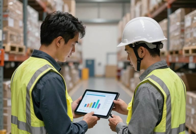 Two logistics managers examining a tablet showing supply chain metrics in a large, clean fulfillment center in North America / US.