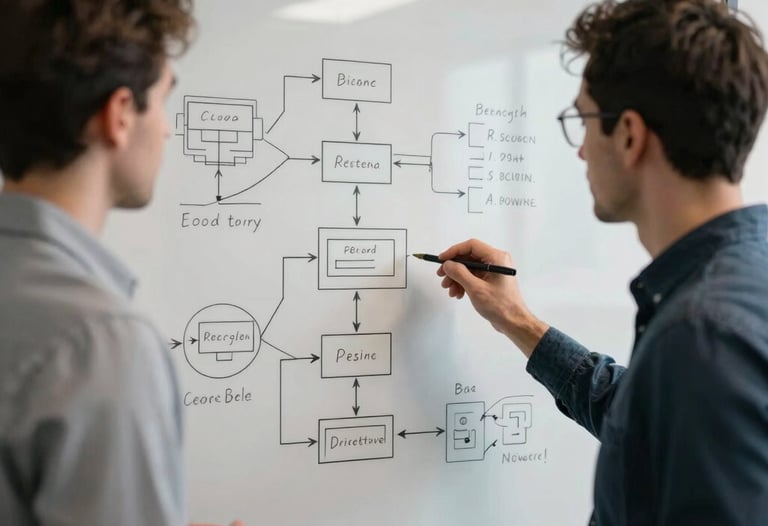 Two technology professionals collaborating in front of a whiteboard covered in software architecture diagrams, North American / US office, modern lighting.