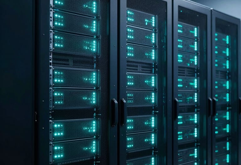 Server racks glowing with soft teal LED lights in a state-of-the-art enterprise data center, deep navy blue shadows, highly professional.